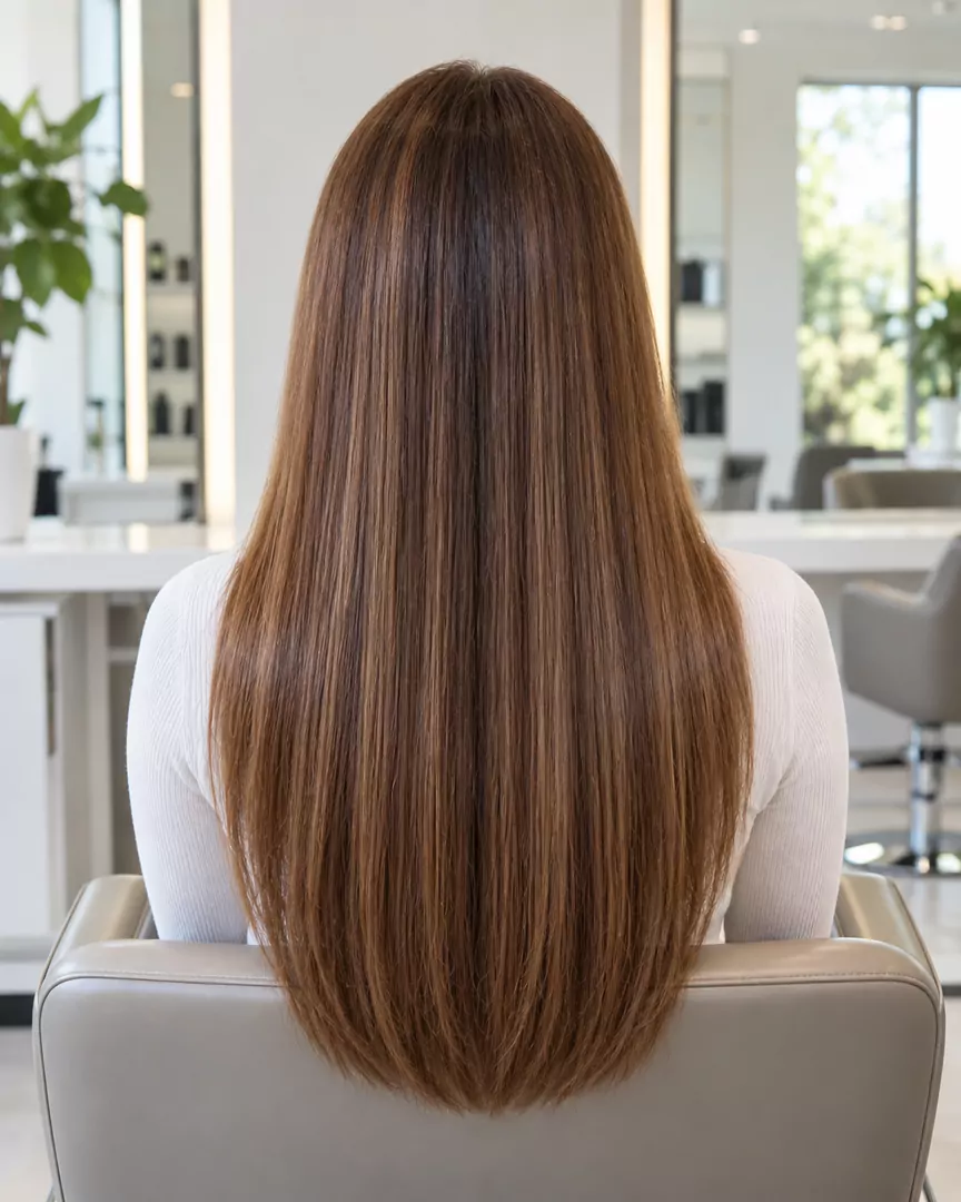 Depois: cabelo liso, alinhado e brilhante