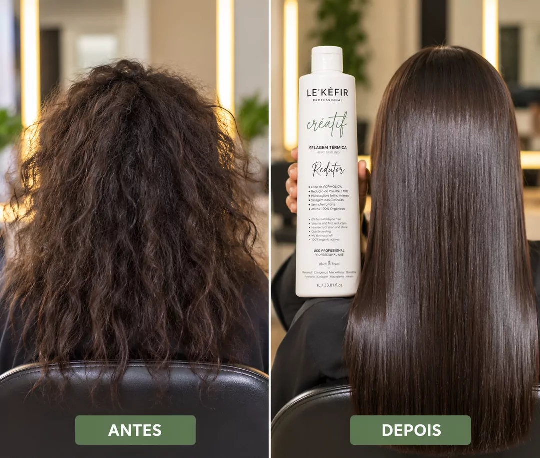 Antes cacheado e depois liso, segurando o frasco Créatif