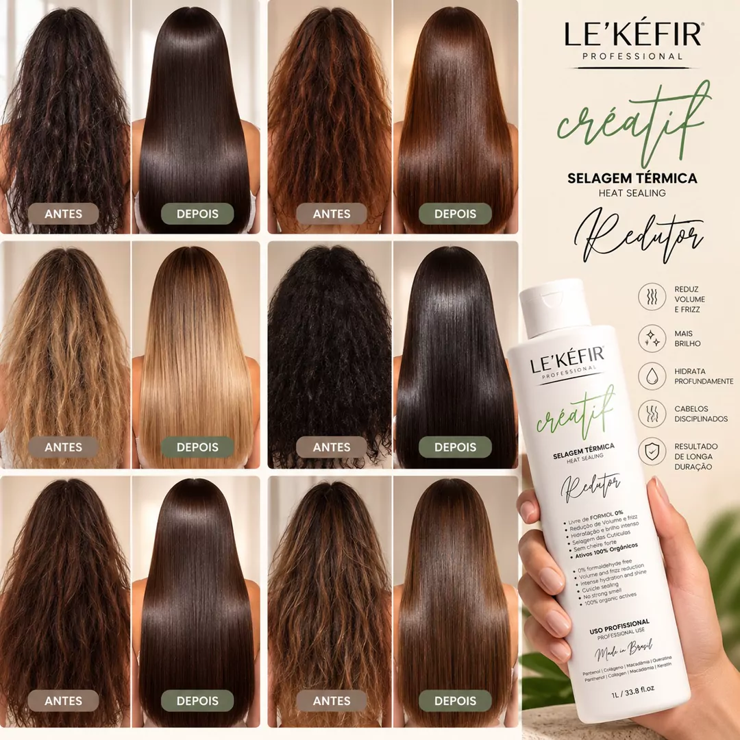 Seis resultados de antes e depois com o Créatif em diferentes tipos de cabelo